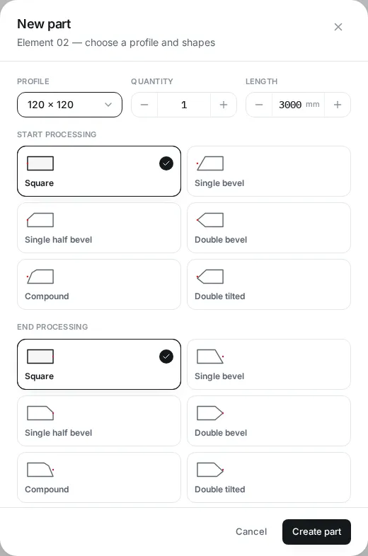 The New part dialog with profile, quantity, length and end shapes
