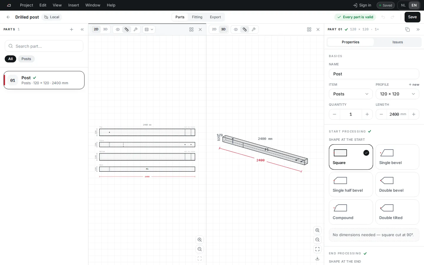 The editor with the menu bar, project bar, parts list, a 2D and a 3D viewport, and the properties panel