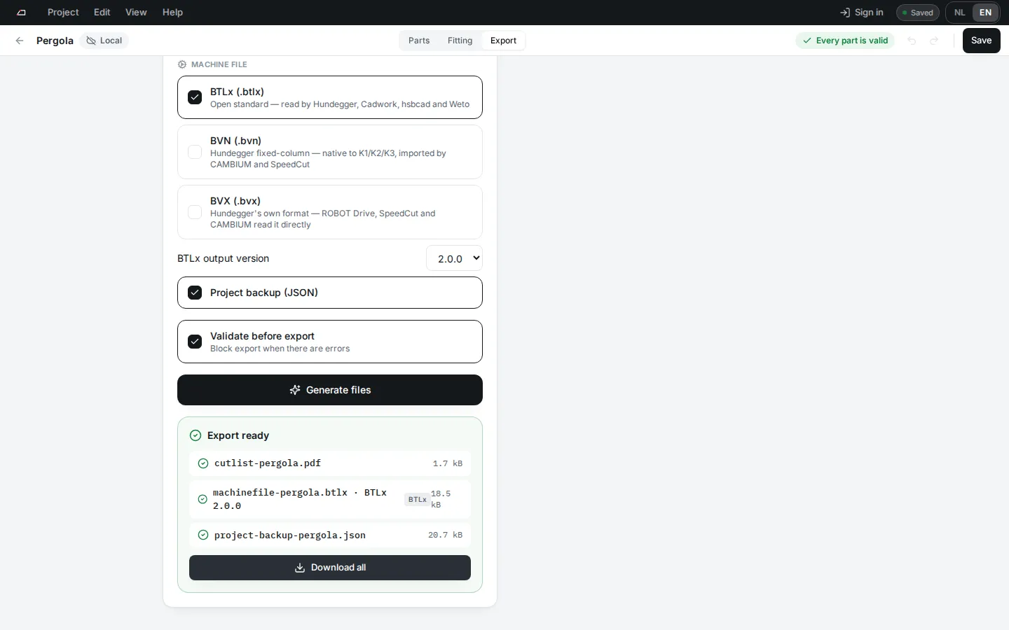 The Export ready box with the generated files