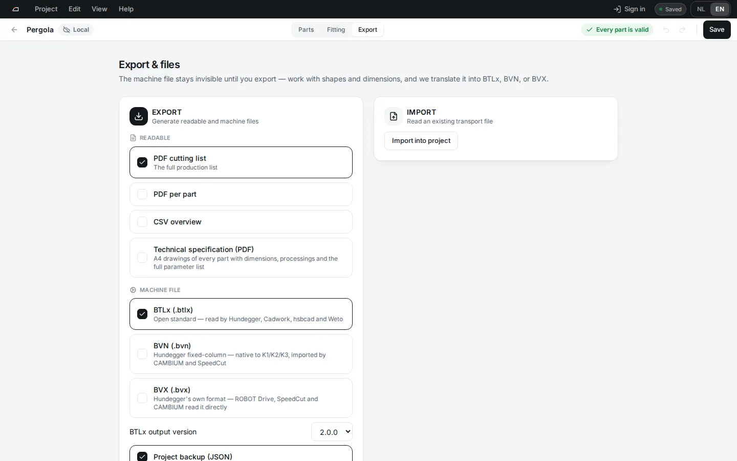 The Export page with readable files, machine files and the Generate files button