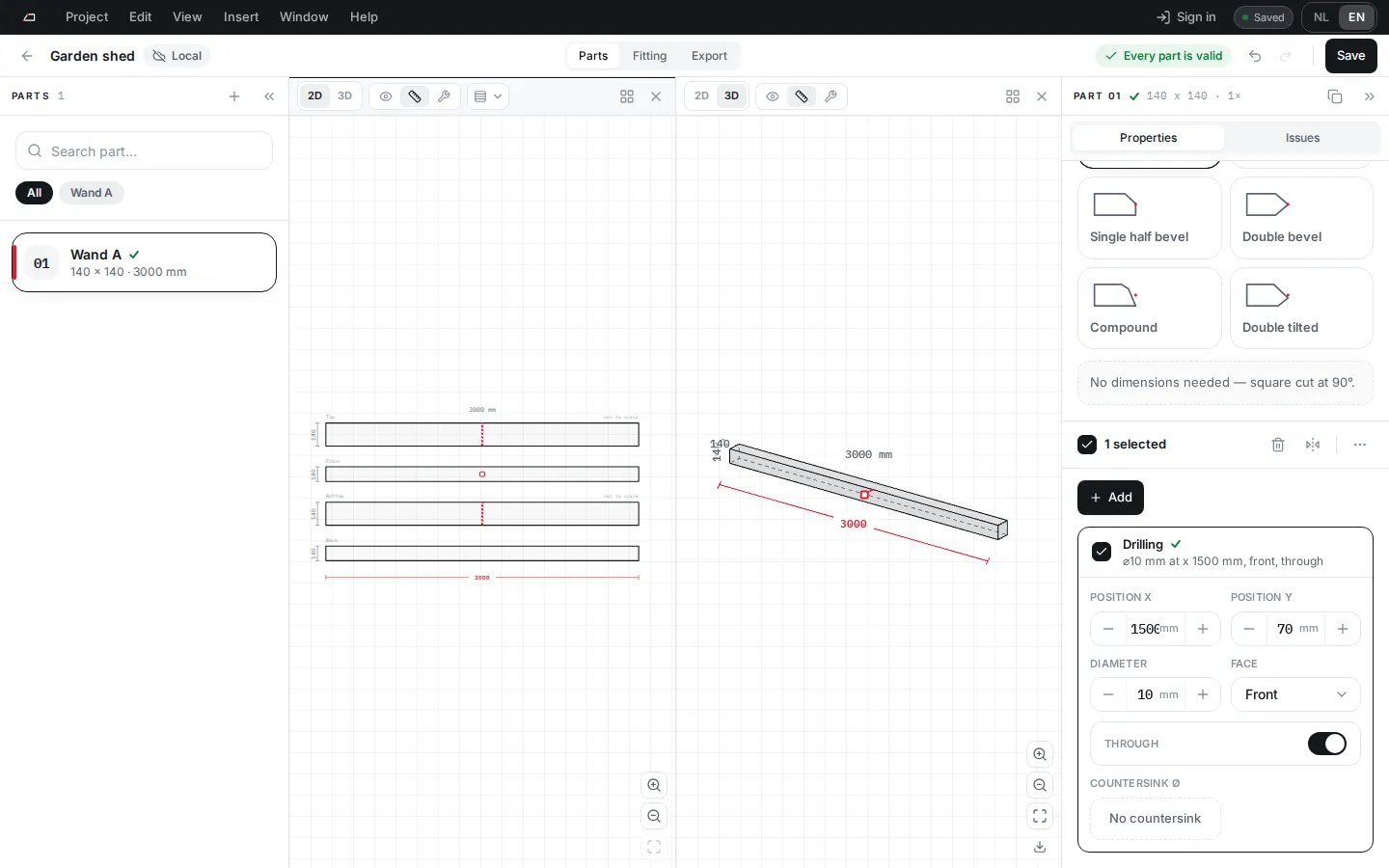 The editor with part 01 selected and a new drilling open in the properties panel