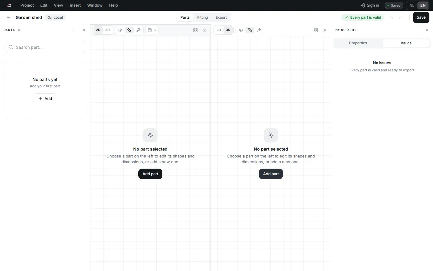 A new, empty project with the Add part buttons