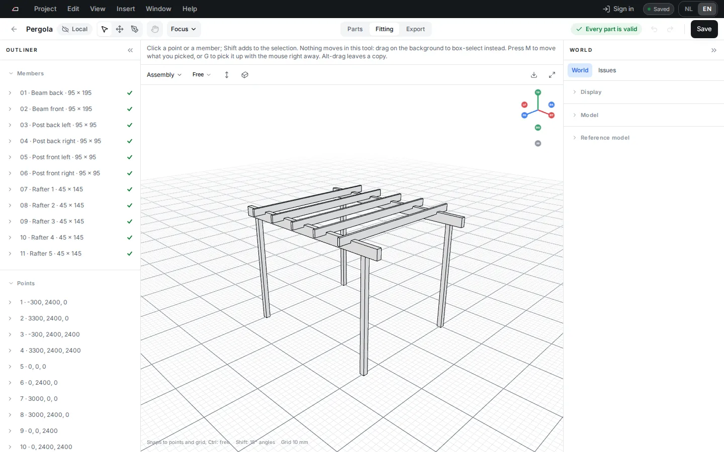 The fitting workspace with a pergola in 3D, the outliner on the left and the World panel on the right