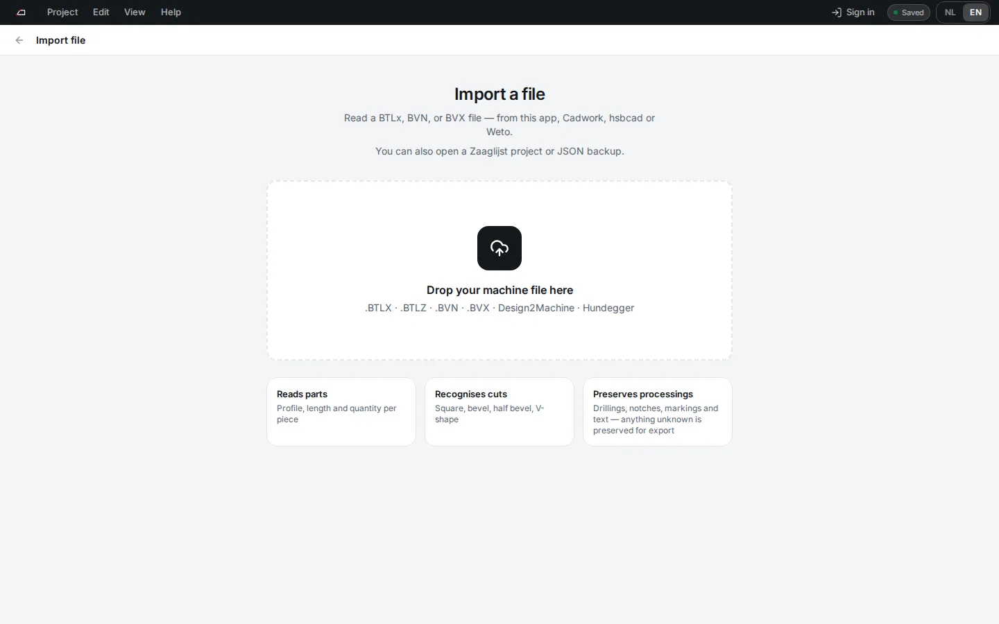 The Import a file page with a drop zone and the feature cards