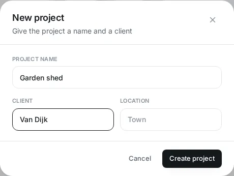 The New project dialog with the fields Project name, Client and Location