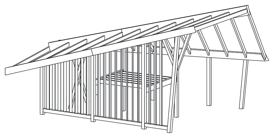 A forest house with a leaf-shaped roof