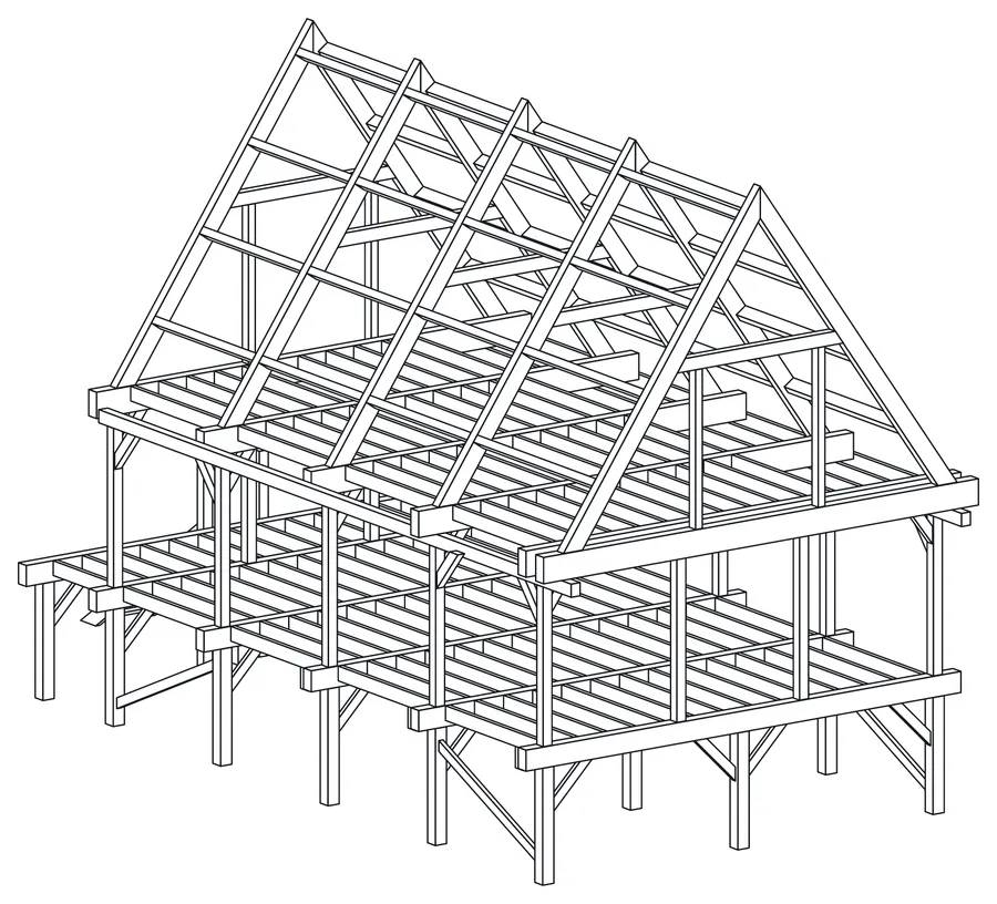 A two-storey house on piles