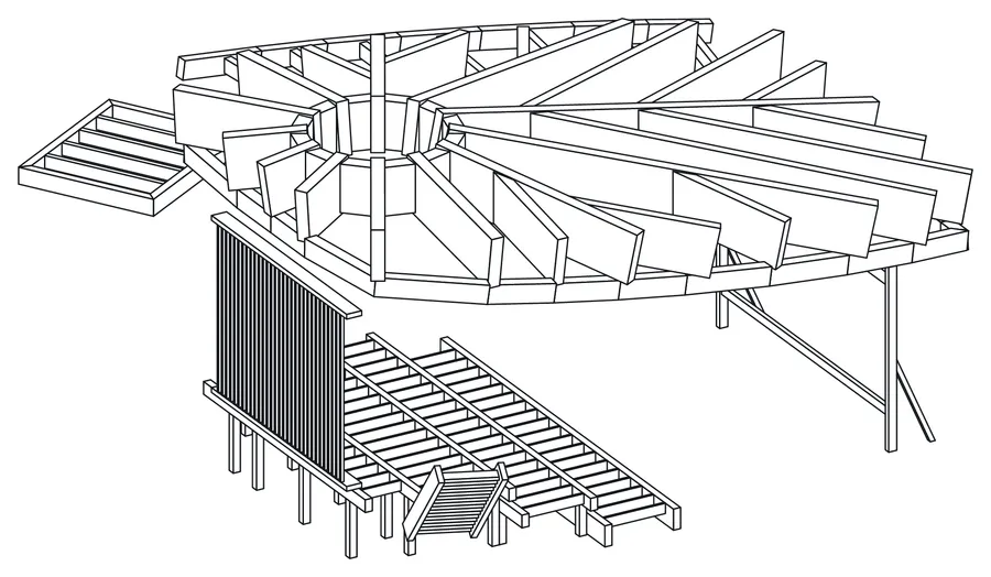 A sunken cinema with a cone of radial beams