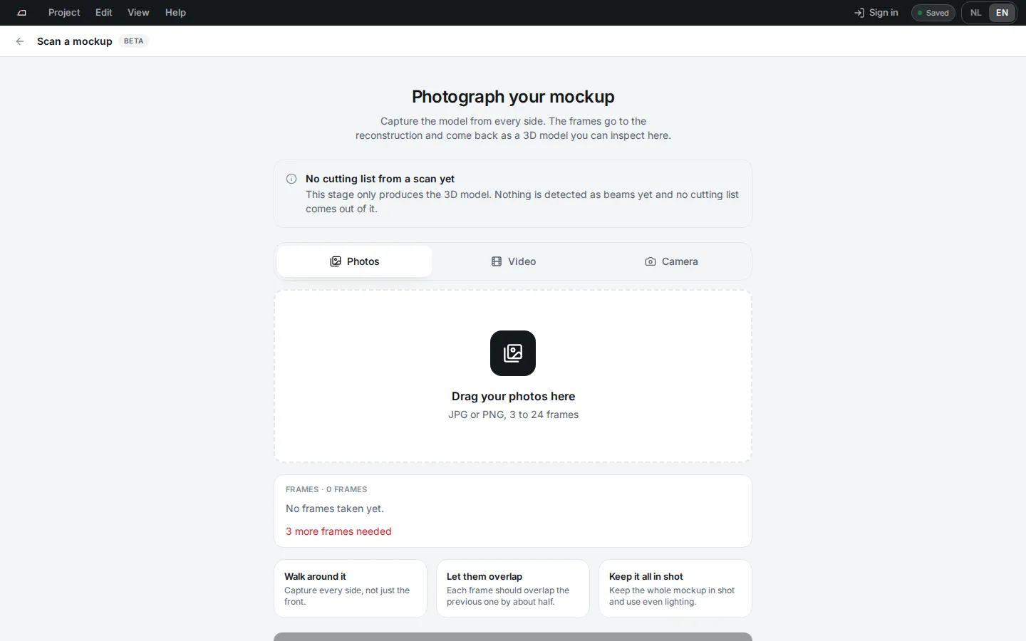 The Scan page with Photos, Video and Camera tabs