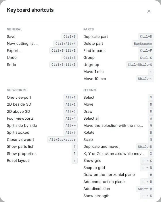 The Keyboard shortcuts dialog from the Help menu
